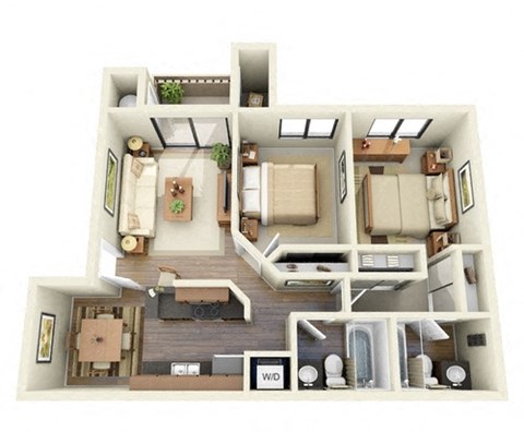 Floor plan for 2 beds, 2 baths, 981 sqft